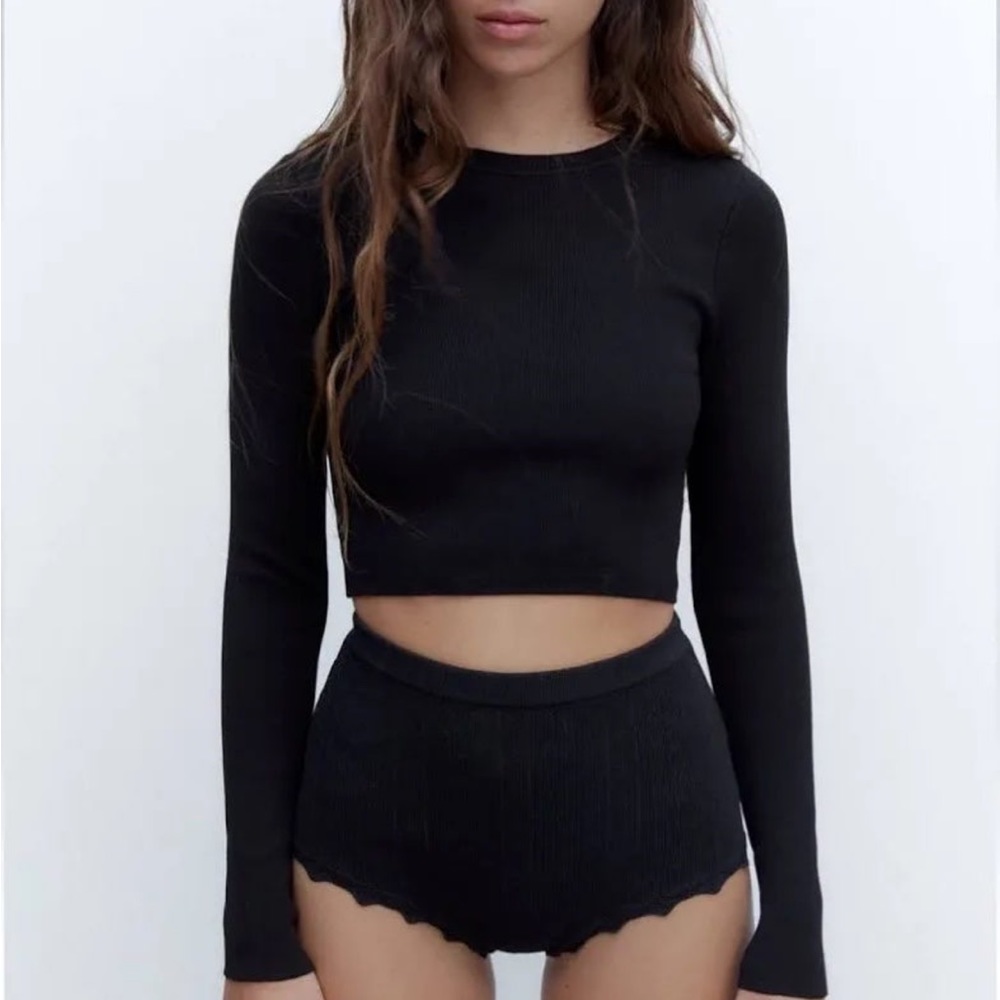 Zara Basic Rib Knit Cropped Top Sweater